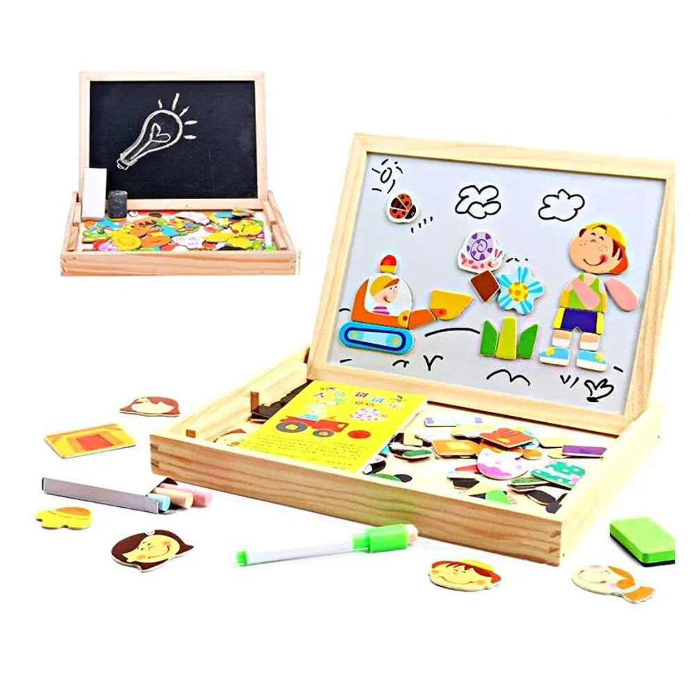 2-in-1 Magnetic Puzzle Drawing White & Chalk Board With Puzzle Pieces And Art Accessories