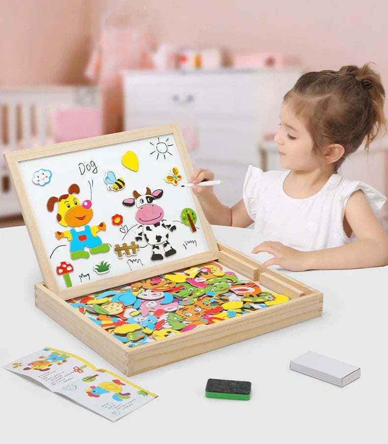 2-in-1 Magnetic Puzzle Drawing White & Chalk Board With Puzzle Pieces And Art Accessories