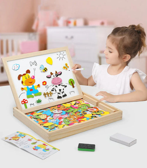 2-in-1 Magnetic Puzzle Drawing White & Chalk Board With Puzzle Pieces And Art Accessories